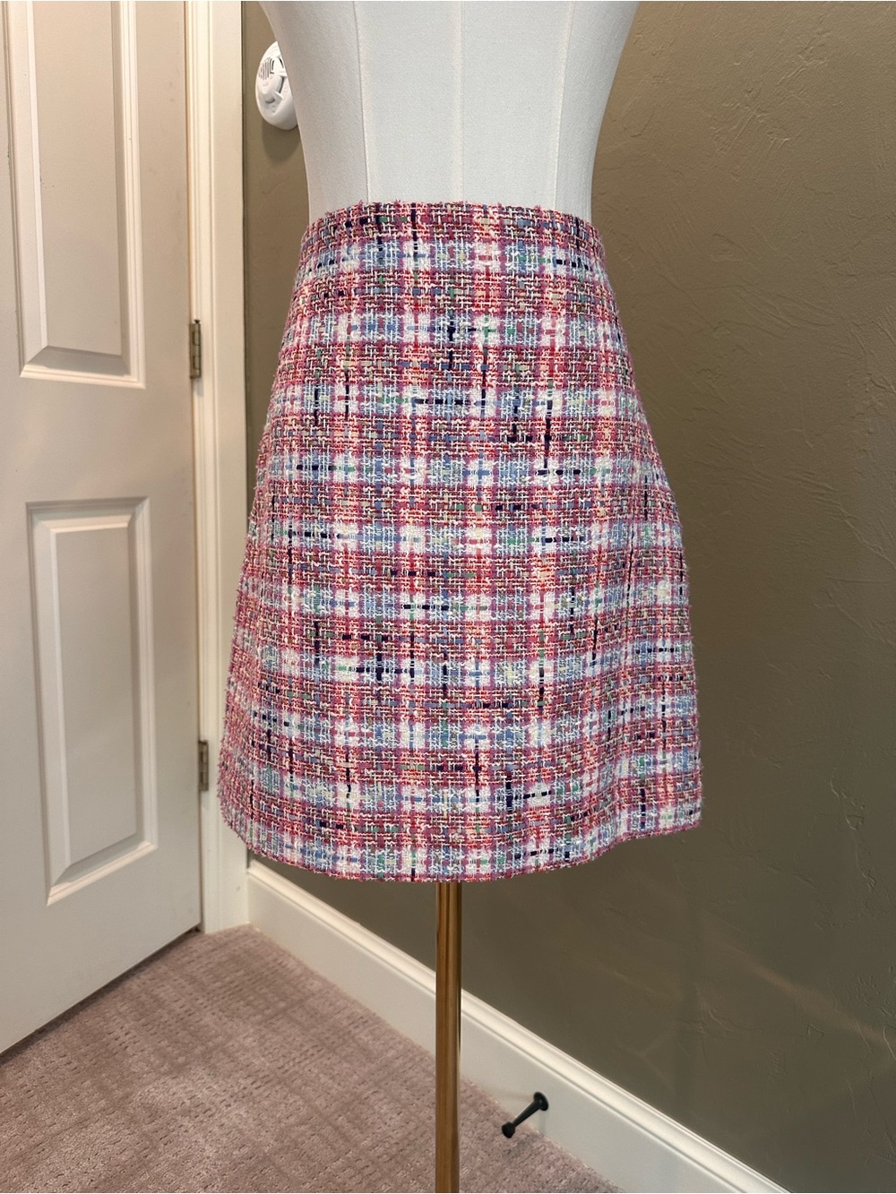 LOFT Pink Plaid Tweed Mini Skirt